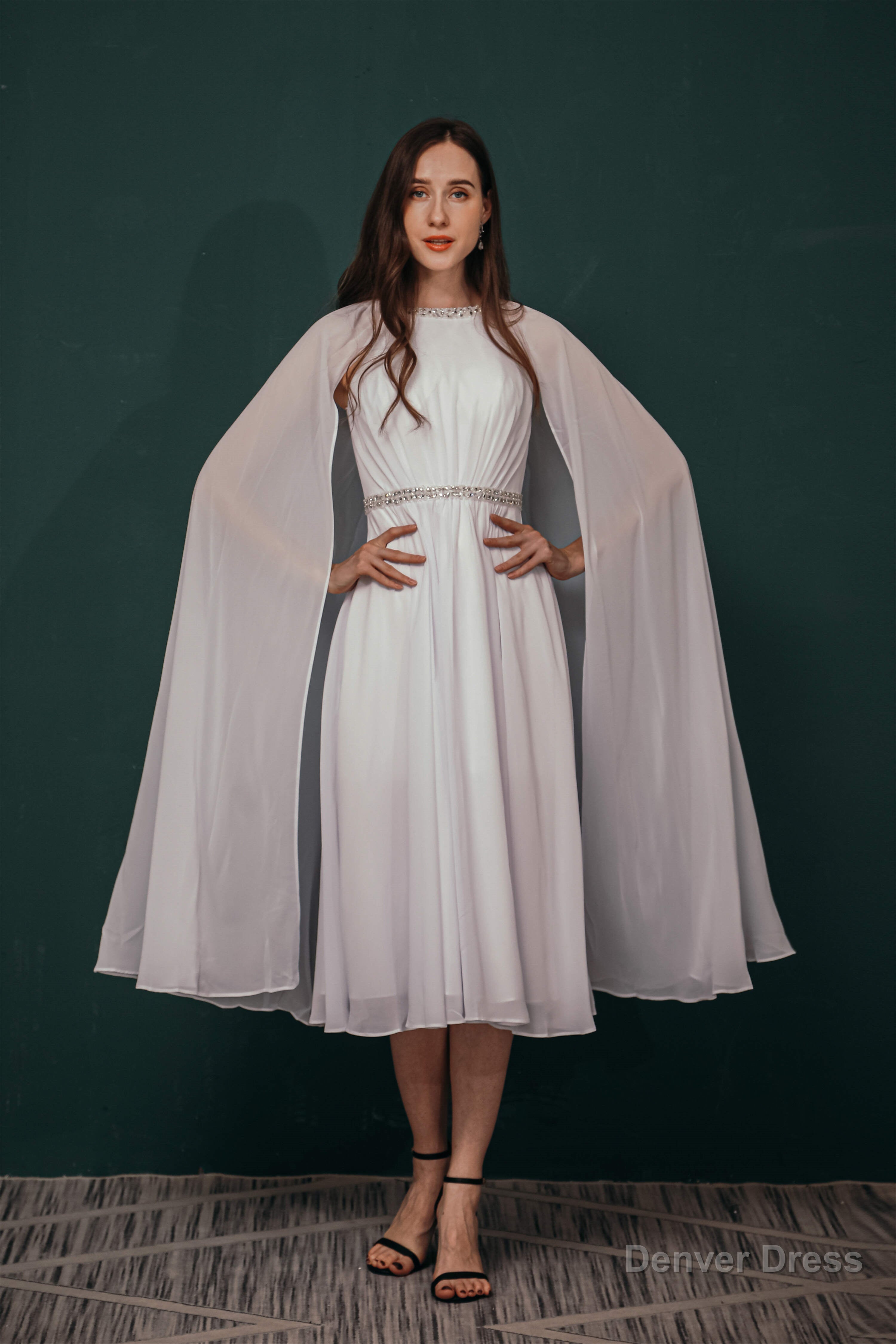 A Line Crew Tea Length Chiffon Beaded Waist Mother of The Bride Dresses