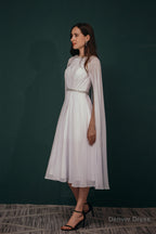A Line Crew Tea Length Chiffon Beaded Waist Mother of The Bride Dresses