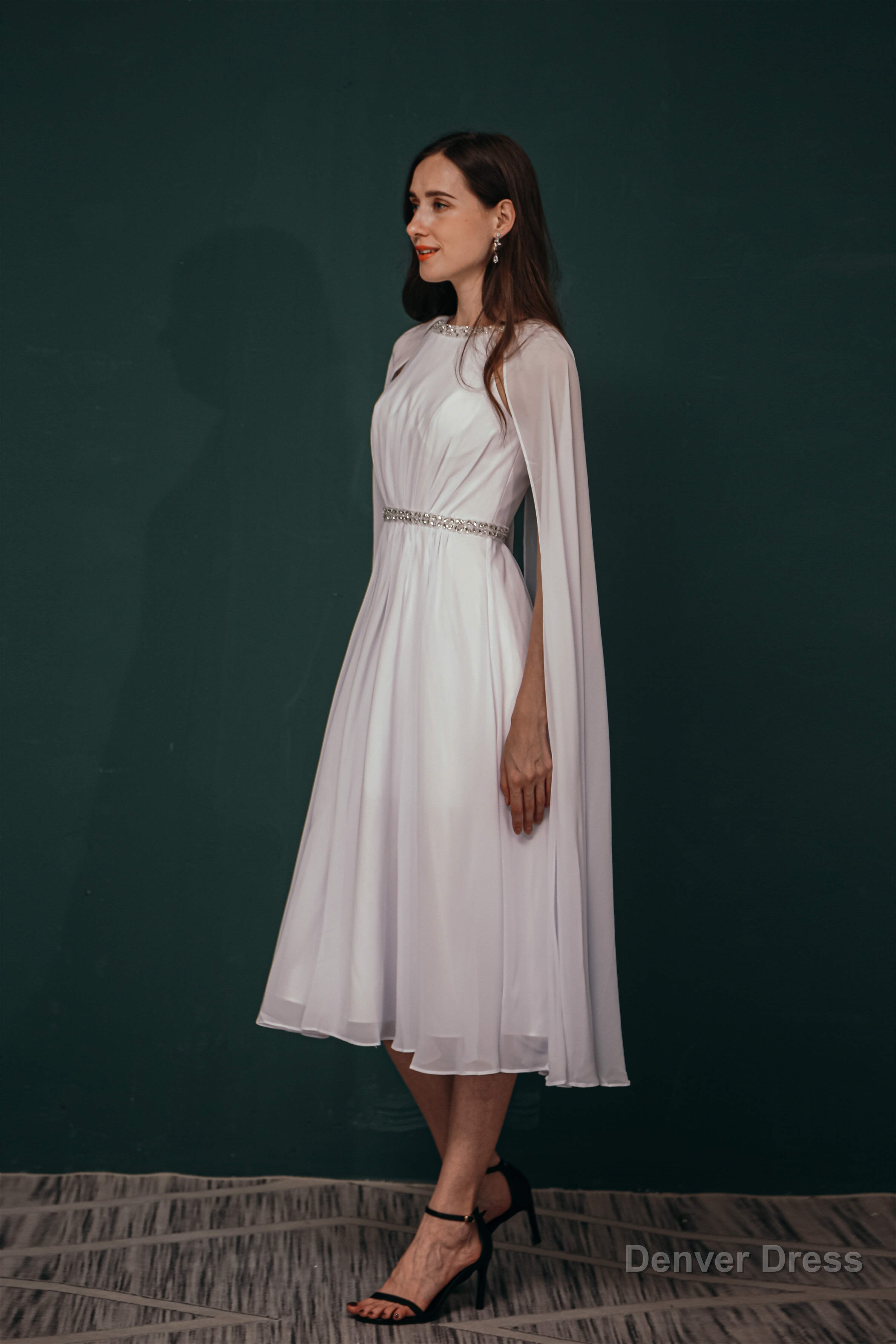 A Line Crew Tea Length Chiffon Beaded Waist Mother of The Bride Dresses