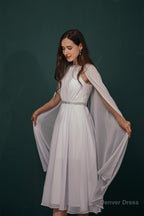 A Line Crew Tea Length Chiffon Beaded Waist Mother of The Bride Dresses