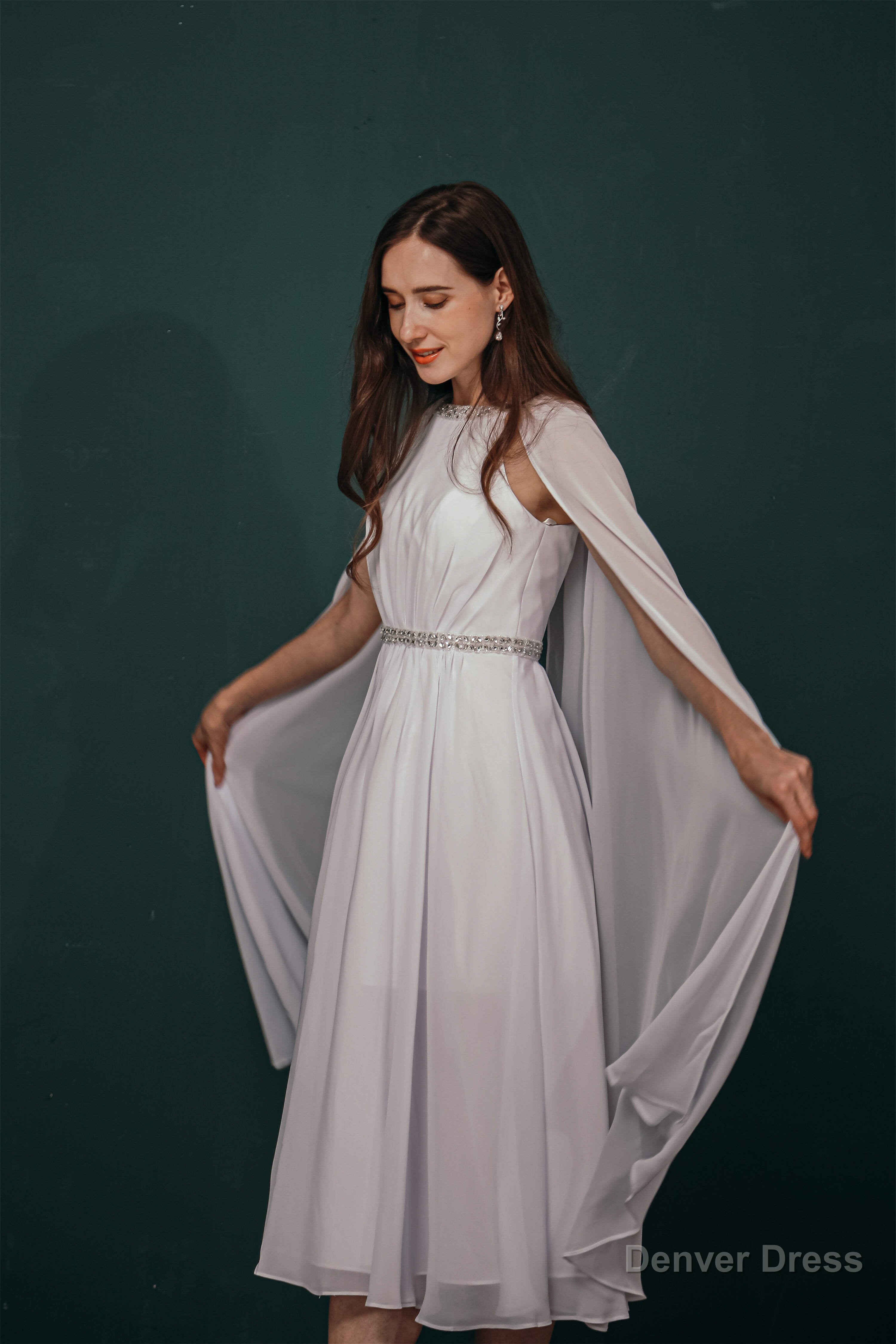 A Line Crew Tea Length Chiffon Beaded Waist Mother of The Bride Dresses