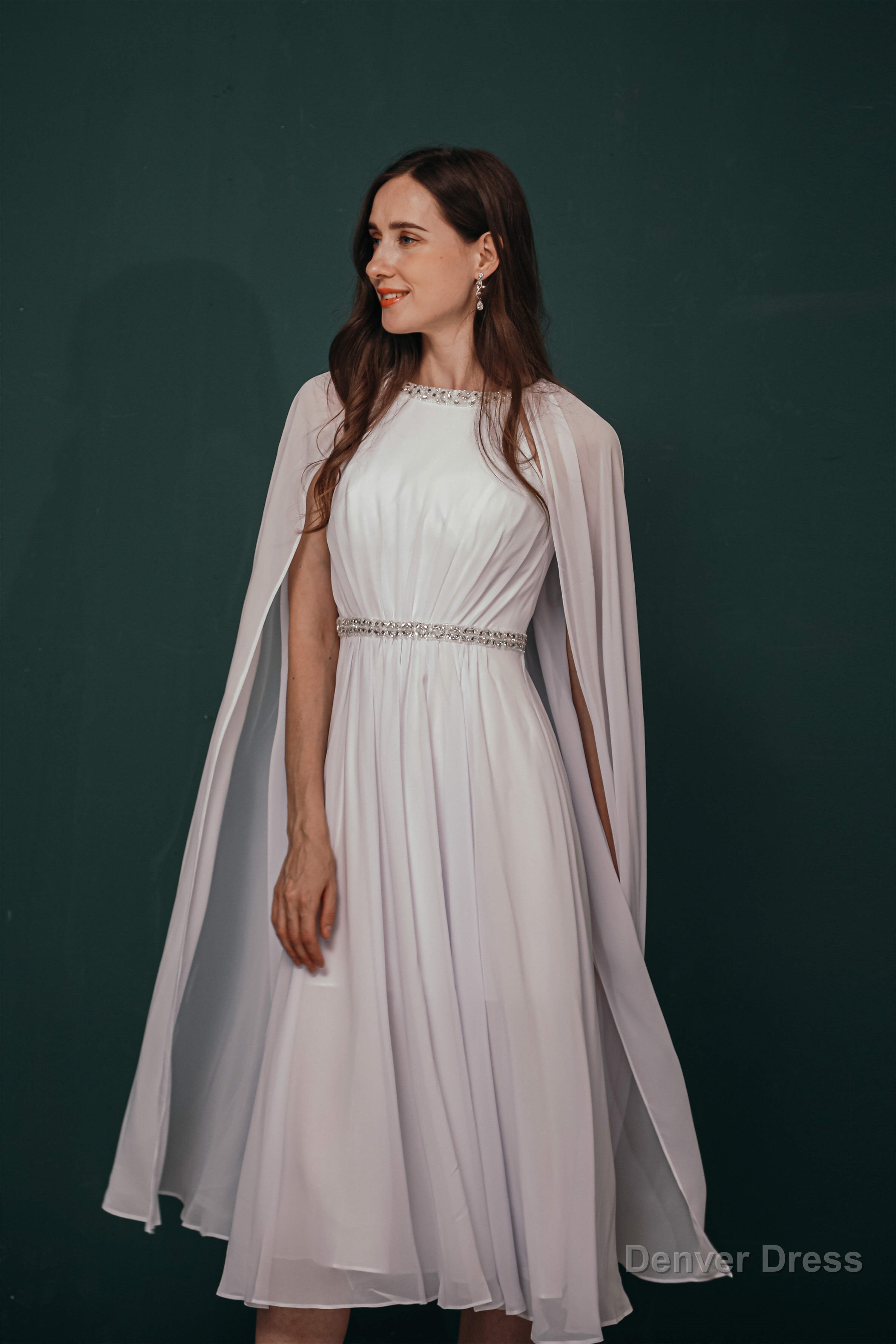A Line Crew Tea Length Chiffon Beaded Waist Mother of The Bride Dresses