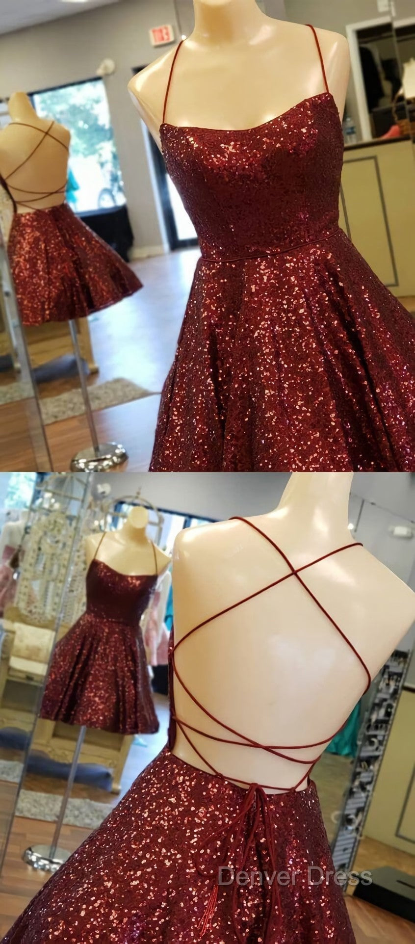 A Line Criss Cross Straps Back Burgundy Sequins Homecoming Dresses Secondary image