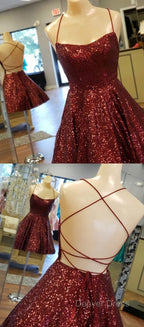 A Line Criss Cross Straps Back Burgundy Sequins Homecoming Dresses