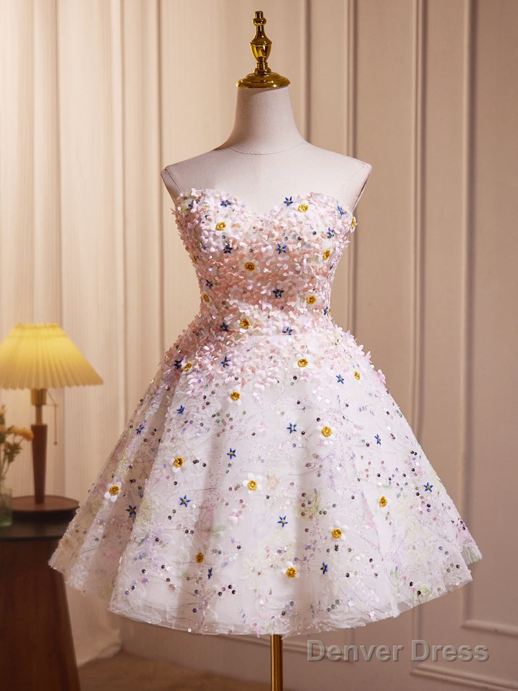 A Line Cute Sweetheart Neck Flower Short Prom Dress, Flower Sequin Homecoming Dresses Secondary image
