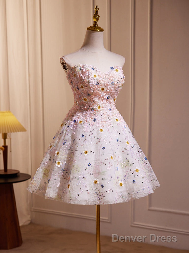 A Line Cute Sweetheart Neck Flower Short Prom Dress, Flower Sequin Homecoming Dresses