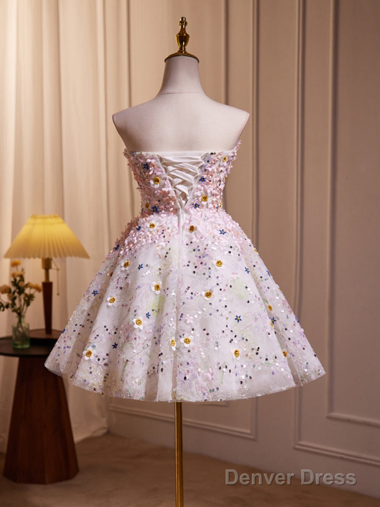A Line Cute Sweetheart Neck Flower Short Prom Dress, Flower Sequin Homecoming Dresses