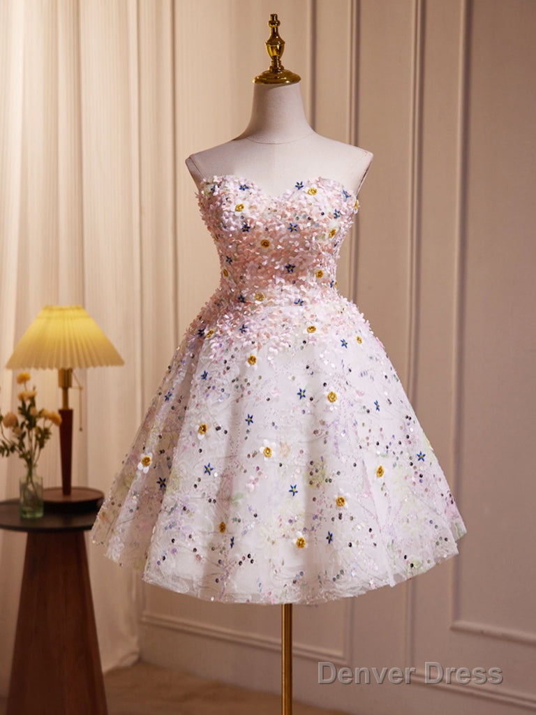 A-Line Cute Sweetheart Neck Flower Short Prom Dress, Flower Sequin Homecoming Dress Main image