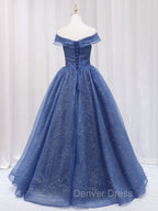 A-Line Dark Blue Tulle Long Prom Dresses, Blue Formal Evening Dresses
