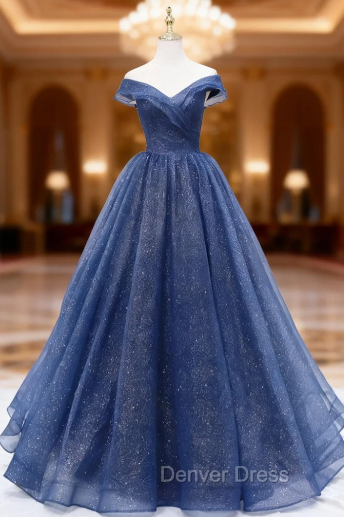 A-Line Dark Blue Tulle Long Prom Dresses, Blue Formal Evening Dresses Main image