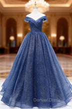 A-Line Dark Blue Tulle Long Prom Dresses, Blue Formal Evening Dresses