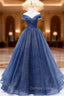 A-Line Dark Blue Tulle Long Prom Dresses, Blue Formal Evening Dresses