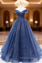 A Line Dark Blue Tulle Long Prom Dress, Blue Prom Dresses