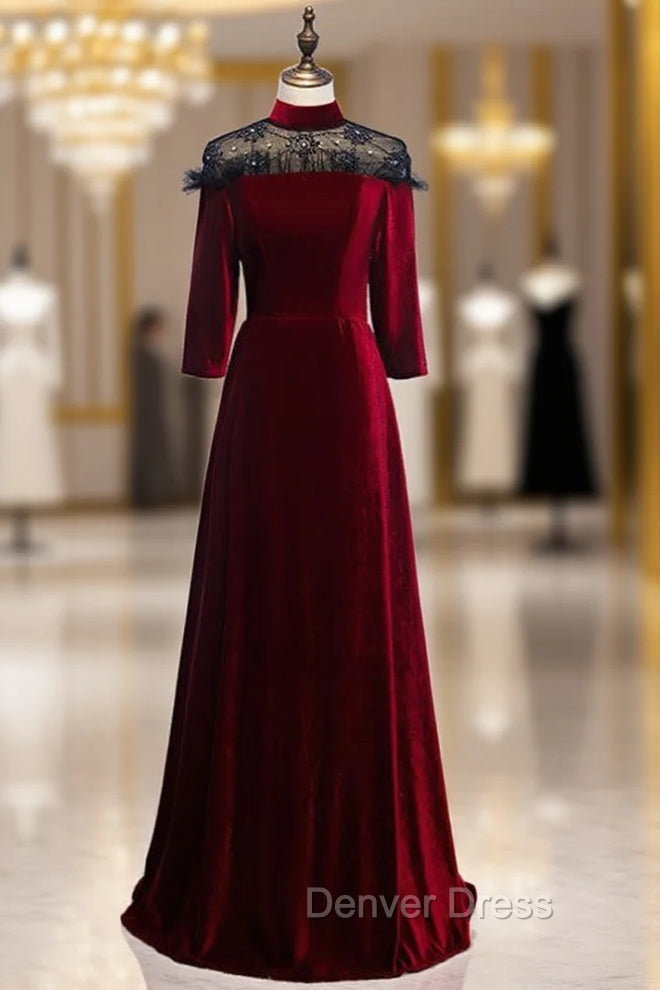 A-Line Dark Burgundy Velvet High Neck Short Sleeve Prom Dresses Main image