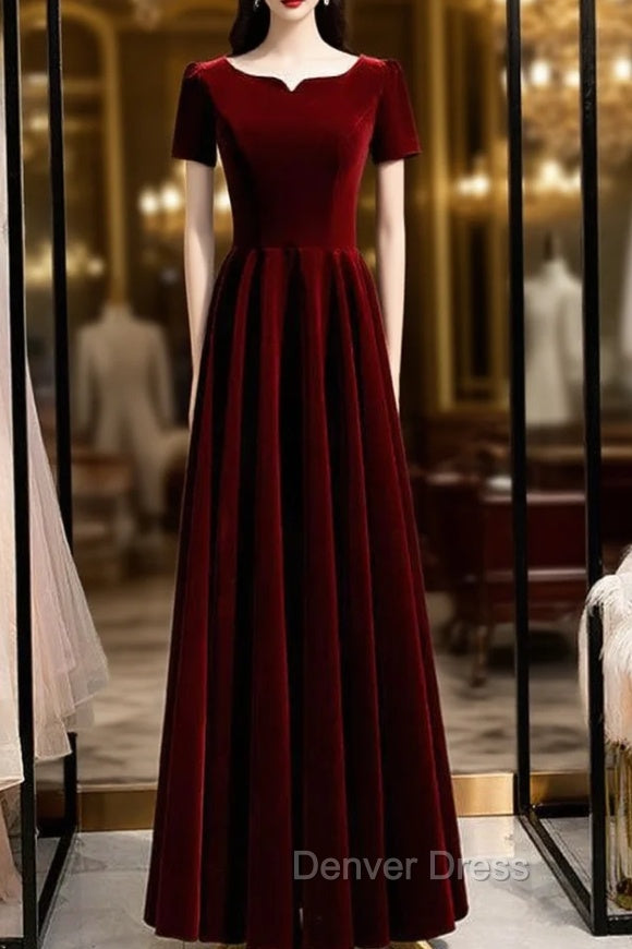 A-Line Dark Burgundy Velvet Short Sleeve Prom Dresses Main image
