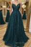 A Line Dark Green Tulle Lace Long Prom Dress, Dark Green Lace Prom Graduation Prom Dresses