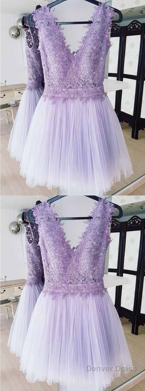 A-Line Deep V-Neck Backless Lilac Short Homecoming Dresses With Lace