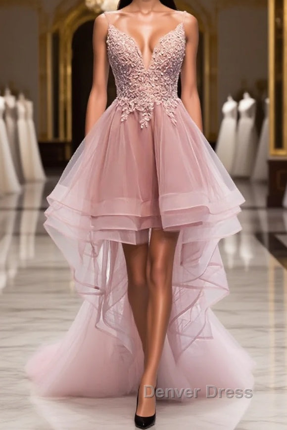 A Line Deep V Neck Beaded Appliques Multi Layers Hi Low Prom Dresses