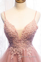 A Line Deep V Neck Beaded Appliques Multi Layers Hi Low Prom Dresses
