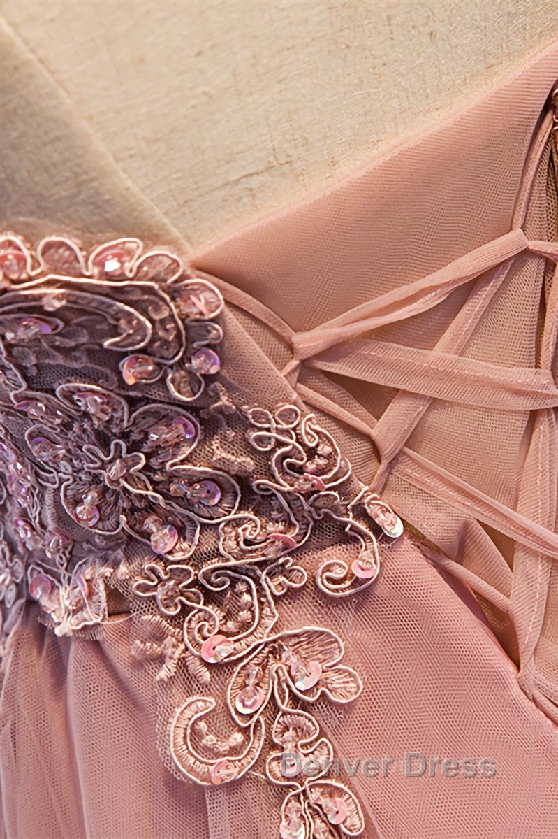 A-line Deep V Neck Beaded Appliques Multi-Layers Hi-Low Formal Dresses