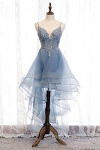 A Line Deep V Neck Beaded Appliques Multi Layers Hi Low Prom Dresses