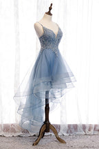A Line Deep V Neck Beaded Appliques Multi Layers Hi Low Prom Dresses