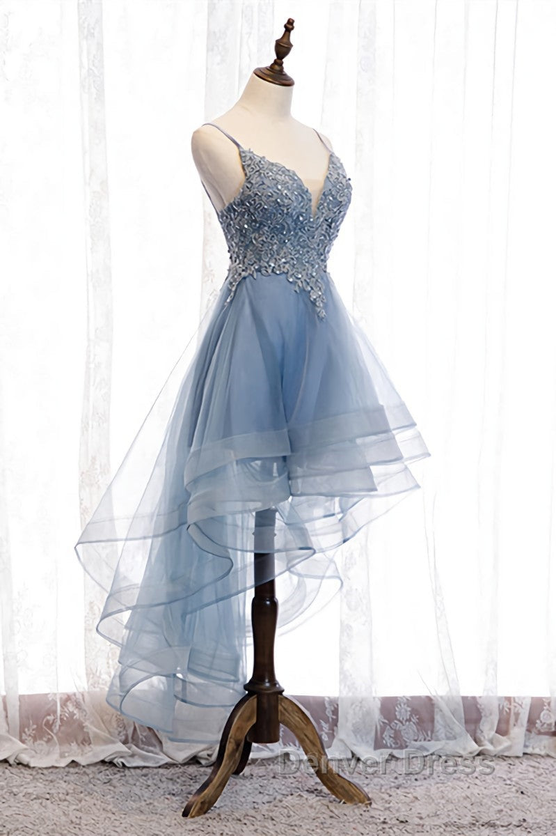 A Line Deep V Neck Beaded Appliques Multi Layers Hi Low Prom Dresses