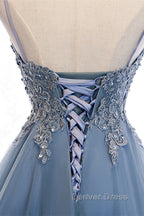 A Line Deep V Neck Beaded Appliques Multi Layers Hi Low Prom Dresses