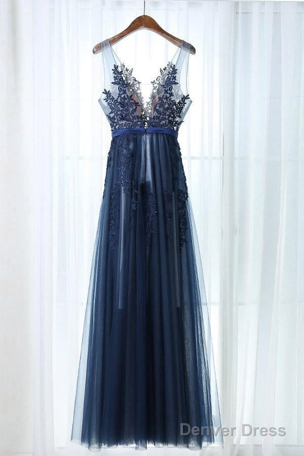 A-Line Deep V-Neck Floor-Length Navy Blue Tulle Prom Dress With Appliques