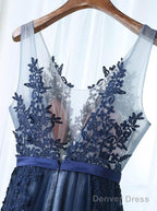 A-Line Deep V-Neck Floor-Length Navy Blue Tulle Prom Dress With Appliques