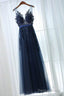 A-Line Deep V-Neck Floor-Length Navy Blue Tulle Prom Dress With Appliques