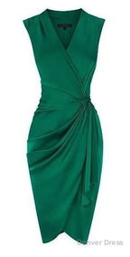 A Line Deep V Neck Green Satin Homecoming Dresses