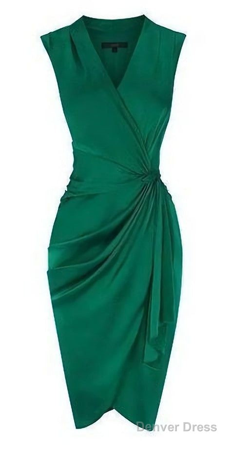 A Line Deep V Neck Green Satin Homecoming Dresses