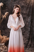 A Line Deep V Neck Long Sleeve Ombre Silk Like Floor Length Prom Dresses