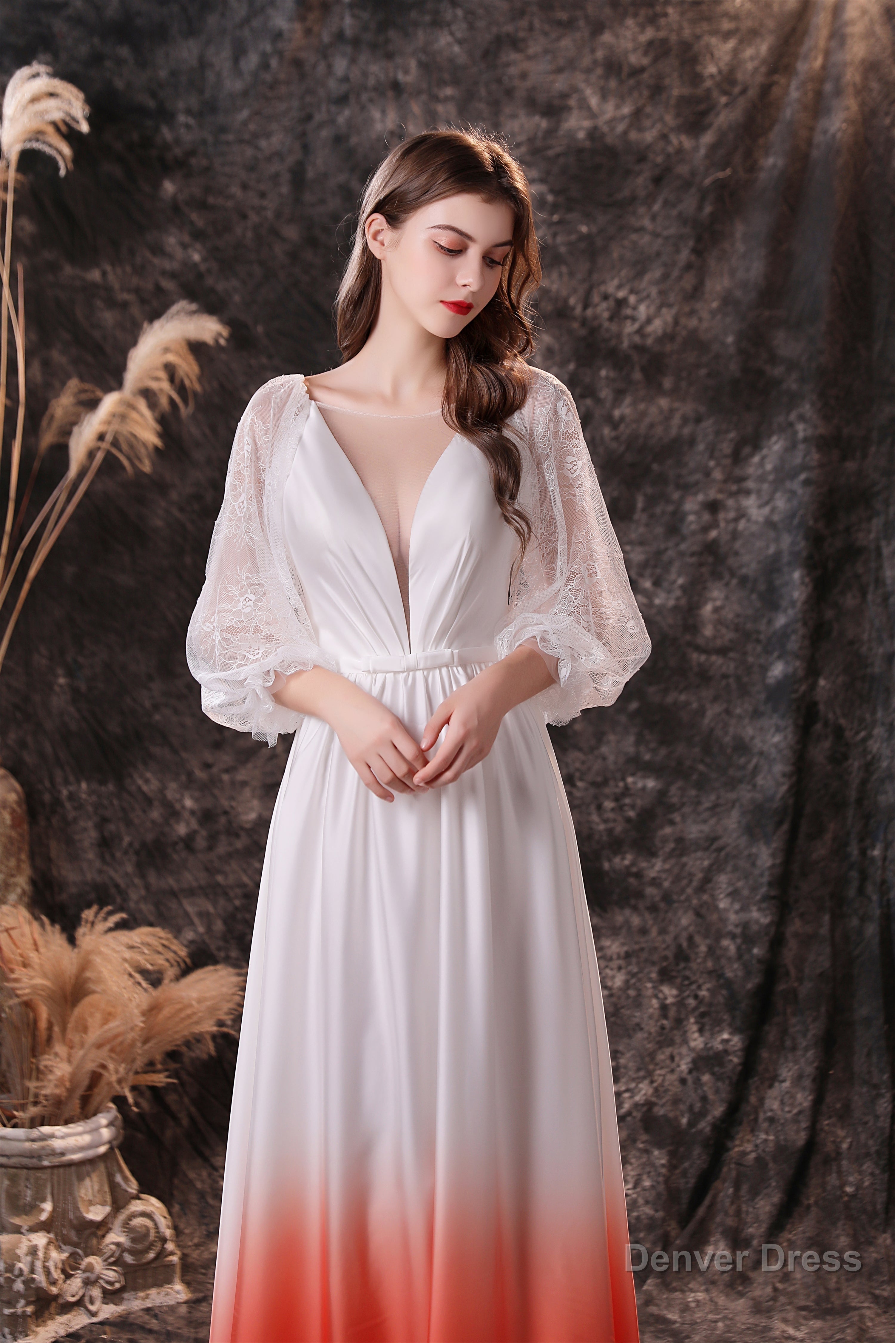A Line Deep V Neck Long Sleeve Ombre Silk Like Floor Length Prom Dresses