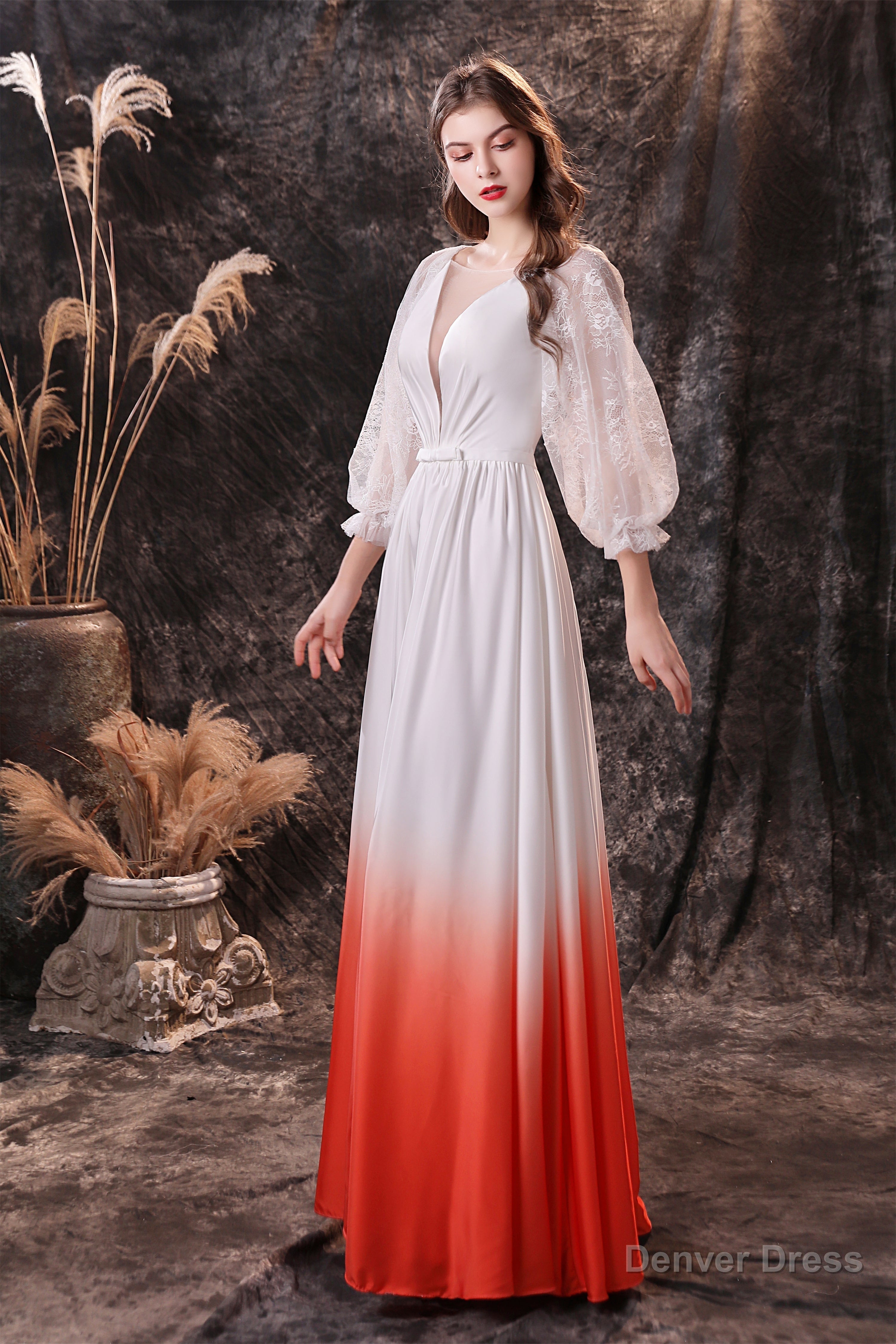 A Line Deep V Neck Long Sleeve Ombre Silk Like Floor Length Prom Dresses