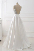 A Line Deep V Neck Sleeveless Open Back Sweep Train Prom Dress Wedding Dresses With Sequins