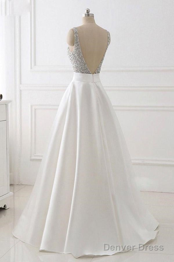 A Line Deep V Neck Sleeveless Open Back Sweep Train Prom Dress Wedding Dresses With Sequins