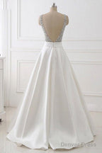 A Line Deep V Neck Sleeveless Open Back Sweep Train Prom Dress Wedding Dresses With Sequins