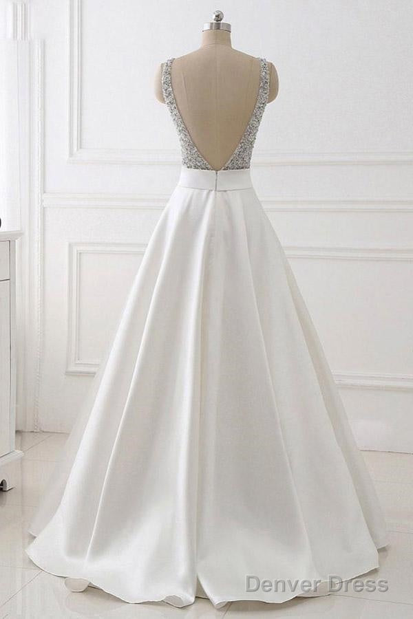 A Line Deep V Neck Sleeveless Open Back Sweep Train Prom Dress Wedding Dresses With Sequins