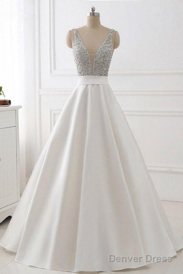 A-Line Deep V-Neck Sleeveless Open Back Sweep Train Formal Dress/ Wedding Dress With Sequins Main image