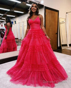 A Line Deep V Neck Tiered Long Glitter Tulle Prom Dresses