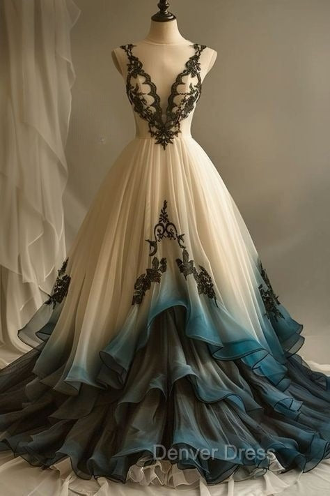A Line Deep V Neck Tulle Long Prom Dress Embroidered Applique Prom Dresses
