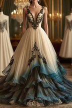 A Line Deep V Neck Tulle Long Prom Dress Embroidered Applique Prom Dresses