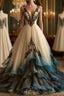 A Line Deep V Neck Tulle Long Prom Dress Embroidered Applique Prom Dresses