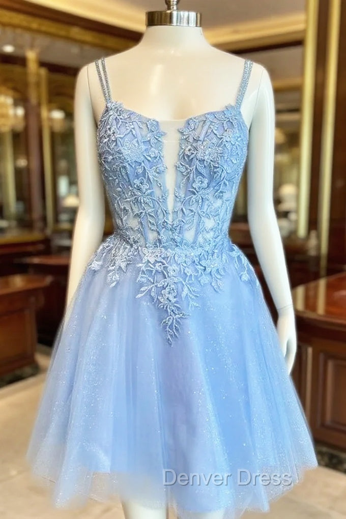 A Line Deep V Neck Tulle Short Homecoming Dresses