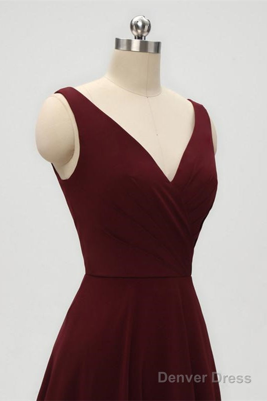 A Line Double V Neck Burgundy Bridesmaid Dresses