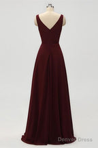 A Line Double V Neck Burgundy Bridesmaid Dresses