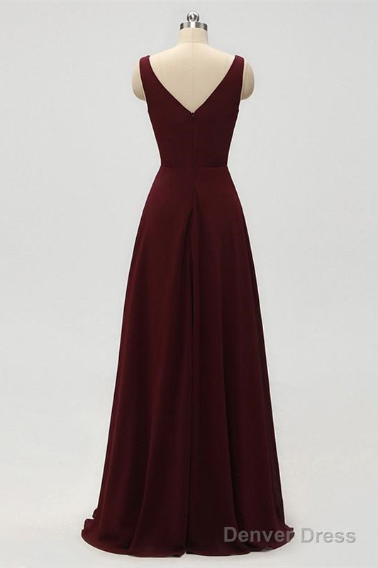 A Line Double V Neck Burgundy Bridesmaid Dresses