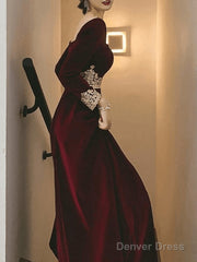 A-Line Elegant Vintage Wedding Guest Formal Evening ValentineS Day Dress Scoop Neck Long Sleeve Floor Length Velvet With Appliques